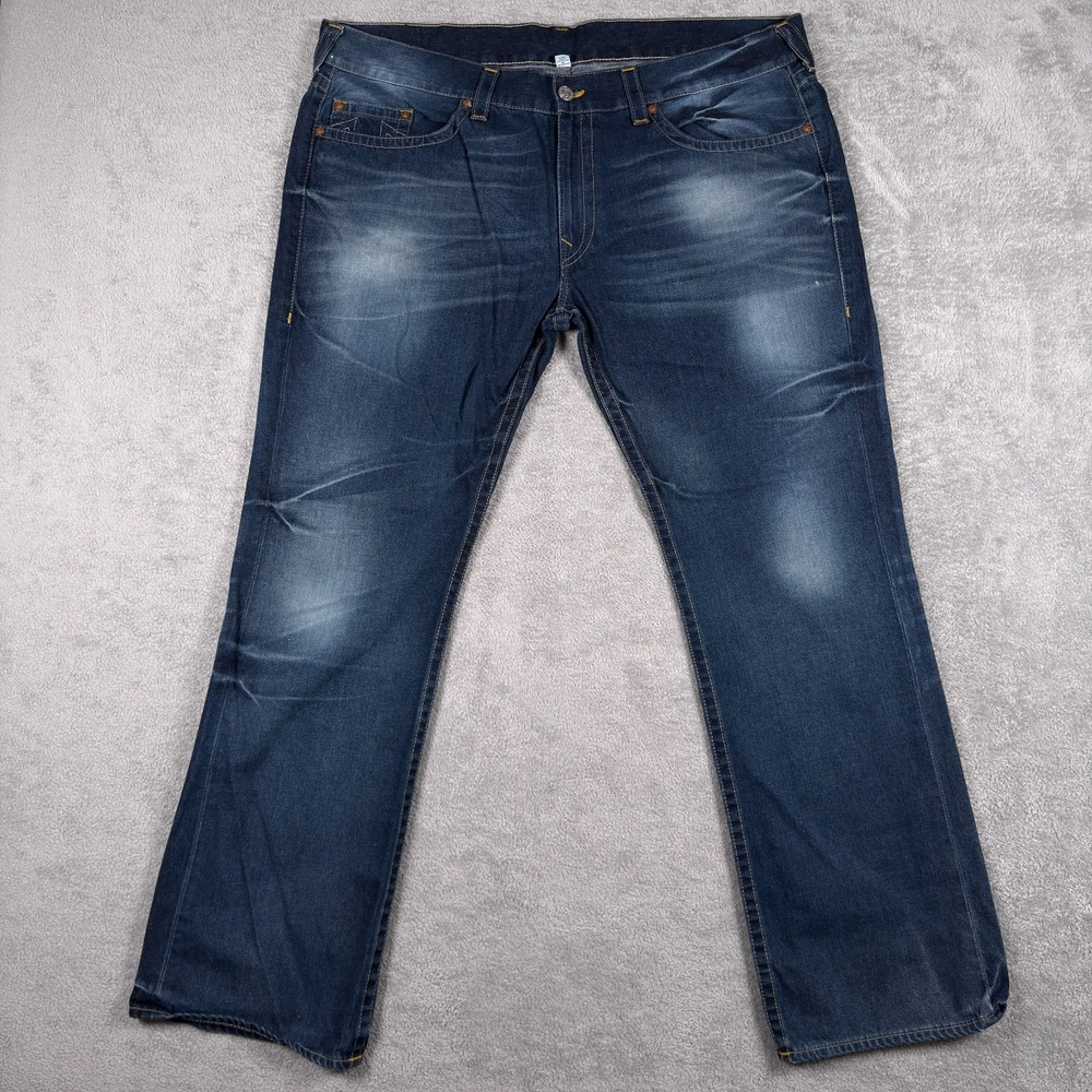 True Religion Jeans Mens 44x34 Straight Allover Earthworm Gold Cursed Blue Denim